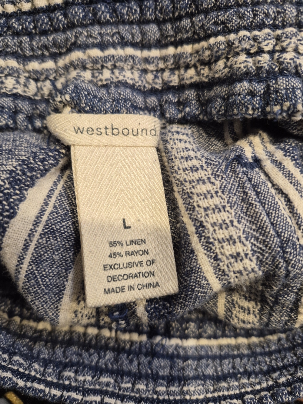 Westbound Linen Blend Blue and Cream Striped High-Waist Pull-On Shorts - Picture 3 of 4